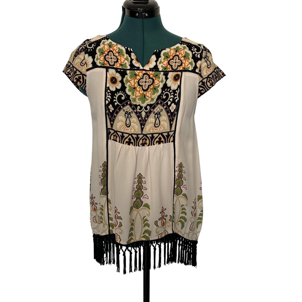 Vanessa Virginia Anthropologie Tunic Top Womens XS Boho Floral Fringe
